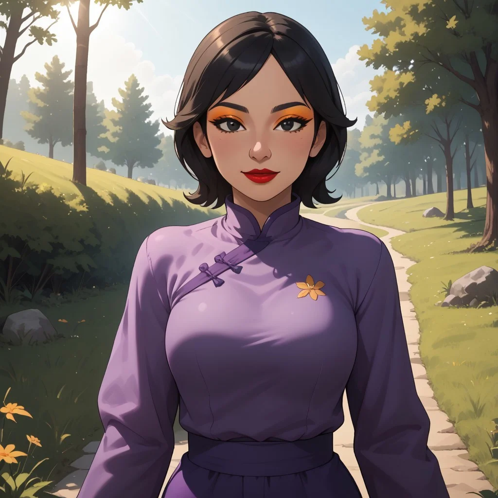 score_9, score_8, BREAK, solo, wii u, mii, wii sports club, female mii, 1girl, cute, black hair, black eyes, half-tree shaped nose, makeup, blush, orange eyeshadow, red lips, lipstick, purple clothing, black pants, shoes, Nintendo Mii, modern_mii, classic_mii, breasts, Xin_(\OC_Mii\), asian, asian female, chinese clothes, sexy pose, self portrait, smile, outdoors, sunlight, shadows, evening lighting, natural lighting, forest, trees, grass, orange sky, sunset