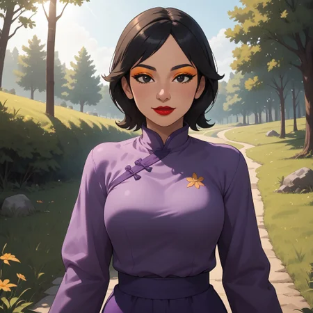 score_9, score_8, BREAK, solo, wii u, mii, wii sports club, female mii, 1girl, cute, black hair, black eyes, half-tree shaped nose, makeup, blush, orange eyeshadow, red lips, lipstick, purple clothing, black pants, shoes, Nintendo Mii, modern_mii, classic_mii, breasts, Xin_(\OC_Mii\), asian, asian female, chinese clothes, sexy pose, self portrait, smile, outdoors, sunlight, shadows, evening lighting, natural lighting, forest, trees, grass, orange sky, sunset
