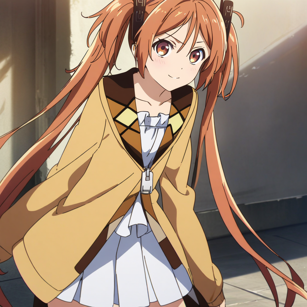 aihara_enju, brown hair, brown eyes, black hair clip, twin tails, long hair, flat chested, white dress, orange jacket, white pleated skirt, cowboy shot, anime coloring<lora:XL-AiharaEnju:1>, (masterpiece),(best quality),(ultra-detailed),(best illustration),(best shadow),(absurdres),(detailed background),(very aesthetic),