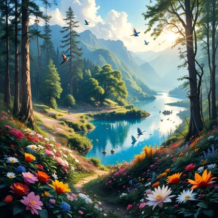 score_9, score_8_up, score_7_up, RI1, forest, blue sky, birds, flowers, sunshine, lake, high contrast, high definition, Rim Lighting
