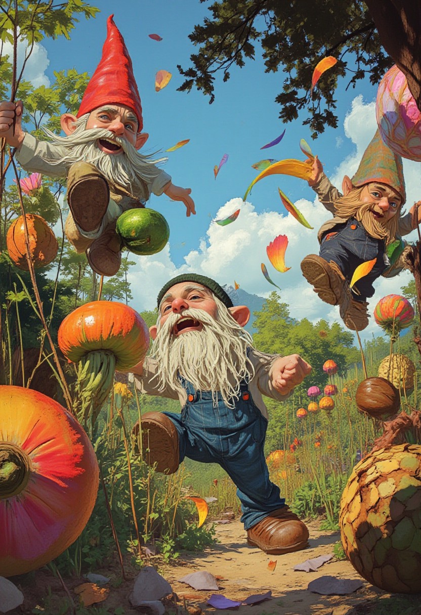comic art by Mike Allred, 
style of Ted Nasmith, 
ambiguous number of gnomes, dancing in a wild overgrown garden, kaleidoscopic petals exploding mid-air, psychedelic vegetables, overalls and sundresses flapping in the breeze, one gnome with accordion, another tossing glowing fruit, surreal lighting, hyper-detailed plantlife, spinning pose, tripping joyfully, eccentric gnomecore magic, colorful background, dynamic perspective, masterpiece
, masterpiece,
art by torikun, SentinelBot, OBxiaoxiang