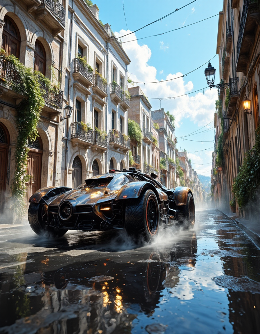 <lora:INWYTK_04flux:1> inwytk04, T7, photo, baroque steampunk cars racing, baroque street, baroque cityscape, wet, vegetation, lights, day, sunny, blue sky, design buildings, cyberpunk cars, from low angle,