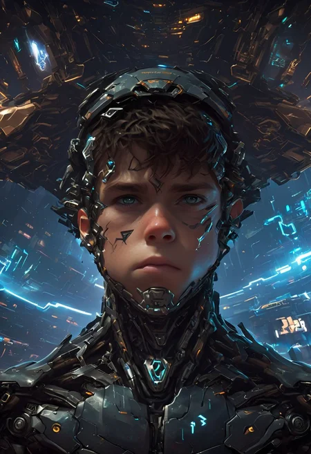 cpunk, IBG, 4ng3l face
1boy, mechanical sci fi arms, fixing a space ship, cyberpunk background,