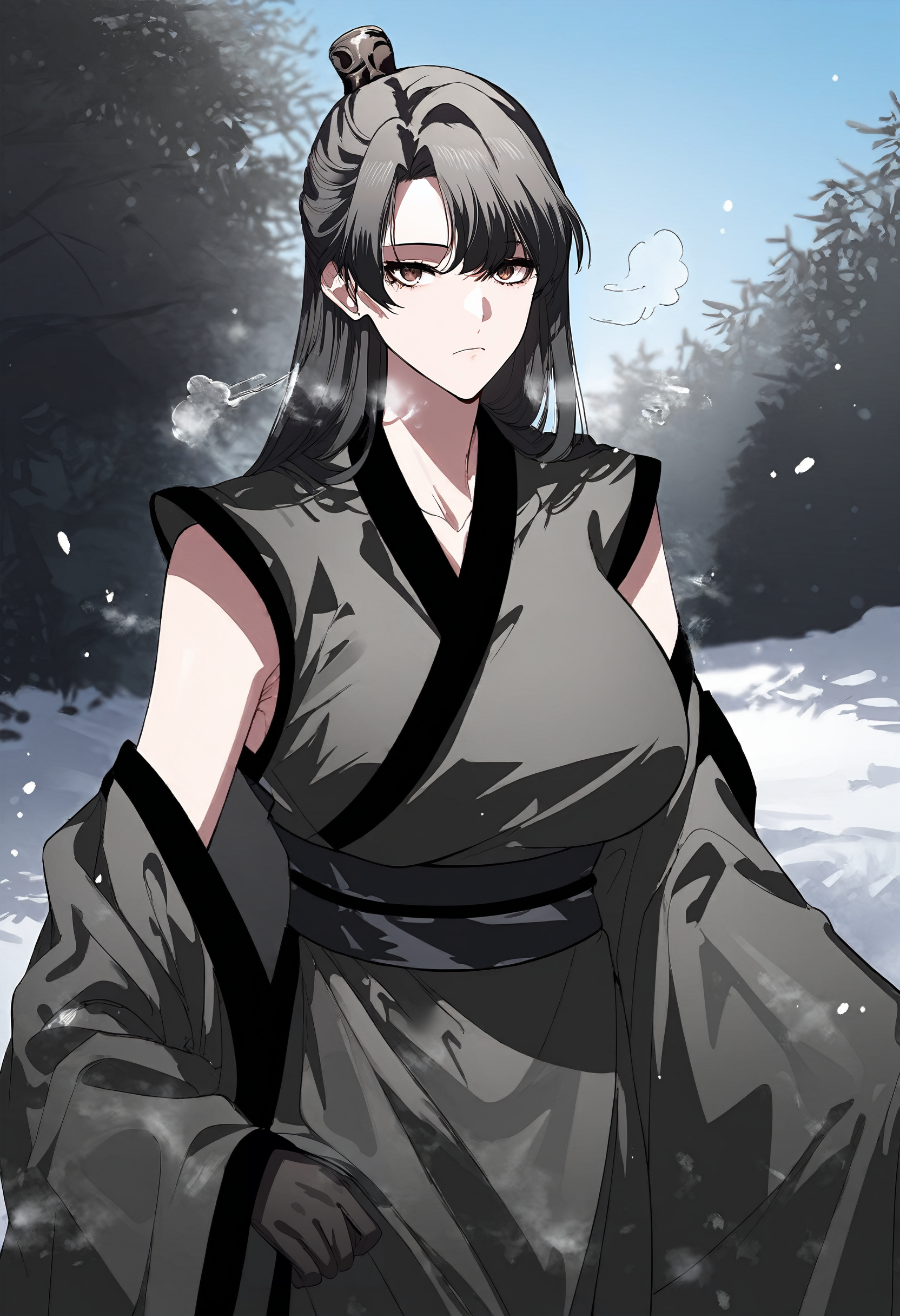 score_9, score_8_up, score_7_up, score_6_up, source_anime, rating_explicit, 1girl, solo, huge breasts, <lora:Flame Ghost Demonponyxl:1> long hair, black hair, single hair bun, half updo, brown eyes, chinese clothes, black kimono, sleeveless kimono, sash, black gloves, detached sleeves, wide sleeves, black sleeves, expressionless, Narrow shoulders, heavy breathing, steaming body, snow field, outdoors, looking at viewer, close-up, standing