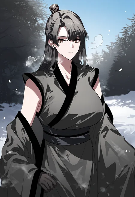 score_9, score_8_up, score_7_up, score_6_up, source_anime, rating_explicit, 1girl, solo, huge breasts, <lora:Flame Ghost Demonponyxl:1> long hair, black hair, single hair bun, half updo, brown eyes, chinese clothes, black kimono, sleeveless kimono, sash, black gloves, detached sleeves, wide sleeves, black sleeves, expressionless, Narrow shoulders, heavy breathing, steaming body, snow field, outdoors, looking at viewer, close-up, standing