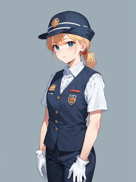 score_9, score_8_up, score_7_up,source_anime, high res image,masterpiece,best quality,girl,cute face,clear skin,shiny hair,ultra detailed eyes,simple background , <lora:caboose uniform_pony_V1.0:0.7> caboose uniform, shirt, hat, vest, pants, gloves