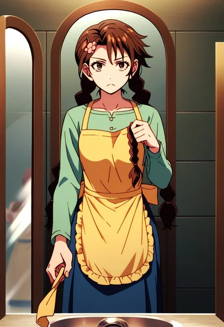 score_9,score_8_up,score_7_up,source_anime, Sakuno Ryuzaki,1girl,solo,long hair,looking at viewer,shirt,skirt,brown hair,long sleeves,hair ornament,holding,closed mouth,twintails,brown eyes,standing,braid,flower,hairclip,hair flower,apron,twin braids,blue skirt,frown,reflection,mirror,holding clothes,looking at mirror,yellow apron,