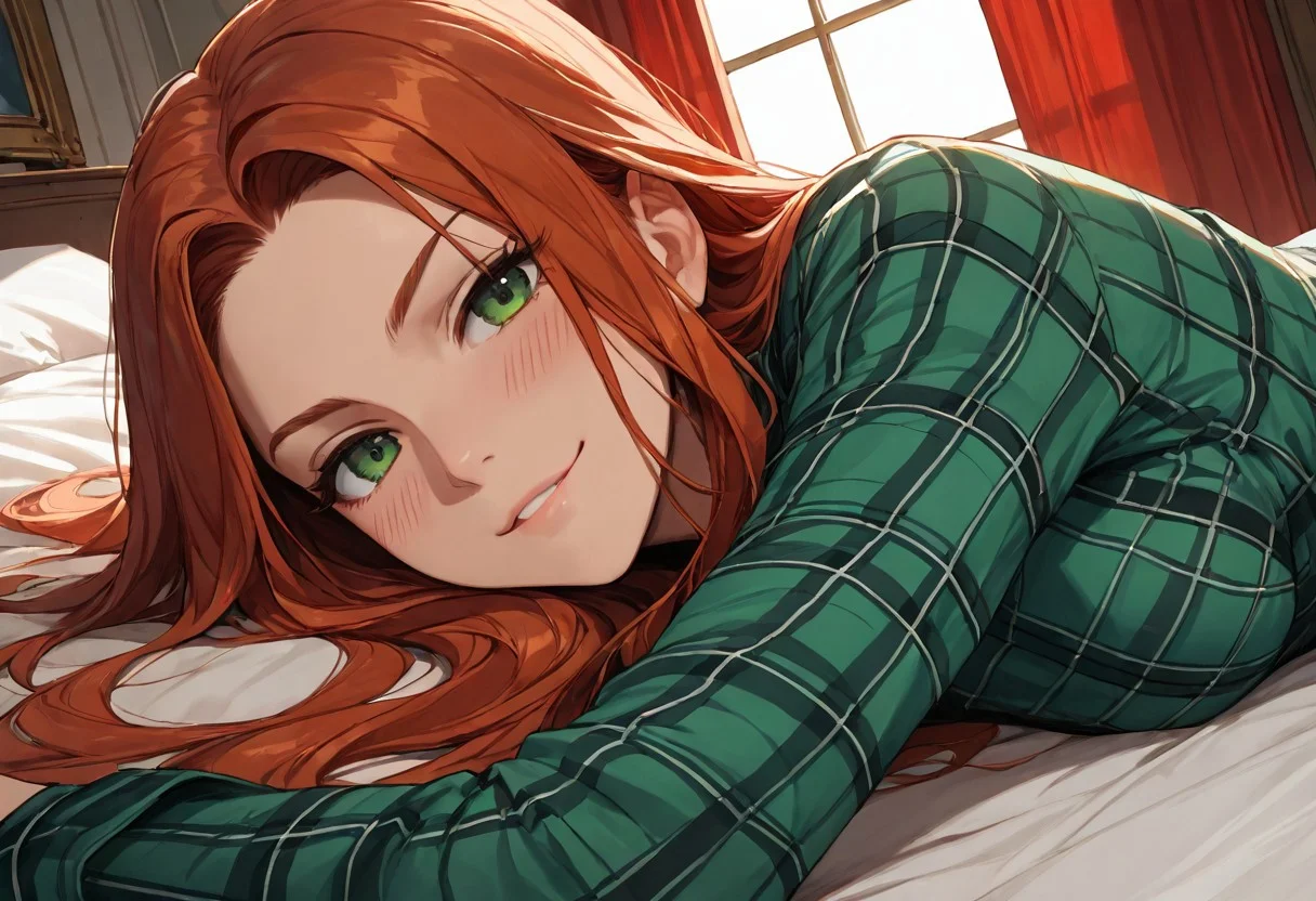 (score_9, score_8_up, score_7_up), zPDXL3, (drawn, wide hips:1.3),1girl, solo, medium breasts, redhead,
green eyes, long hair, green flannel, shirt, cowboy shot, lying, on bed, on back, baroque hall, baroque bedroom, window, red curtains,
stomach, from above, (face focus, close-up:1.5), blush, looking away,
looking at viewer,
dutch angle,
smug,