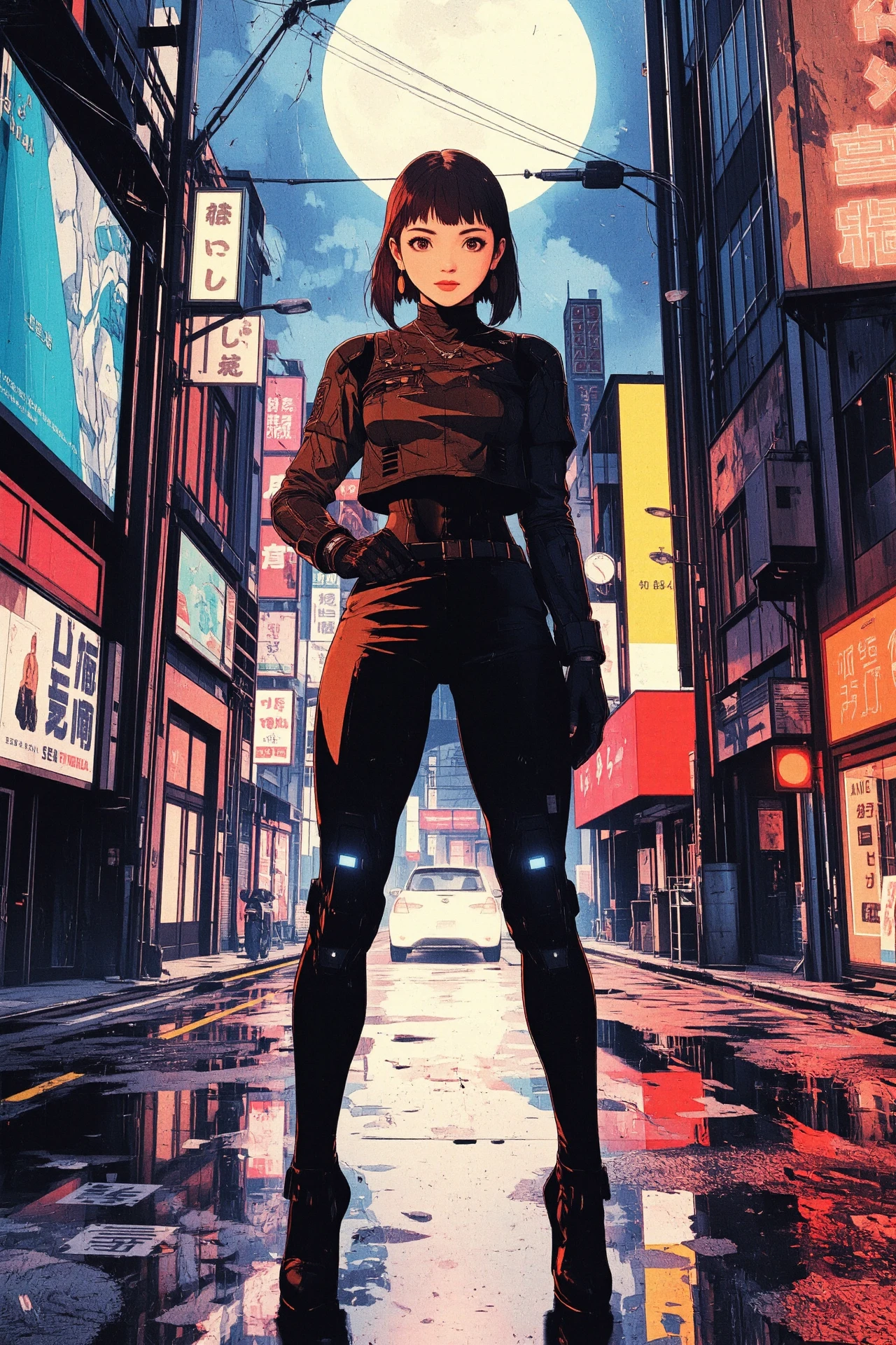 Irish twin drills dark brown hair (young woman), anime, illustration, cyberpunk, futuristic, (extremely detailed), (portrait), (standing:1.3), (happy smile), (beautiful cyberpunk tokyo buildings landscape), wet floor, windows, motorbike, car, moon in the sky, (bright neon lights), screen holograms, kanjis, raytracing, hdr, high contrast, ethereal cinematic lights, backlight, reflections, (legs), heels, (sharp focus), luminous Sepia Brown robot glossy brilliant armor, body lights, body circuits, glossy lipstick, necklace, rope earrings, colorful, retrowave, shadows, vibrant colors, pretty, beautiful, feminine, sexy, lovely, in love, adorable, fashion,  <lora:Hand v2:1> <lora:Anti-Blur:1> <lora:RetroAnimeFluxV1:0.4> <lora:CPA:0.8> <lora:Luminous_Shadowscape:0.4>