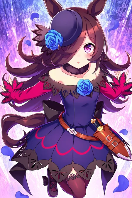 masterpiece,best quality,very aesthetic,absurdres,highres,newest,official art,official style,
1girl,solo,
rcs race,rice shower (umamusume),
animal ears,back bow,bangs,bare shoulders,belt,black bow,blue dress,blue flower,blue rose,
blush,brown hair,black legwear,brown thighhighs,collarbone,dagger,dress,dress bow,eyebrows visible through hair,
flipped hair,flower,fur choker,fur collar,hair flower,hair ornament,hair over one eye,
hat,hat flower,horse ears,horse girl,horse tail,knife,long hair,long sleeves,
off shoulder,off-shoulder dress,one eye covered,purple dress,purple eyes,purple headwear,rose,
sheath,sheathed,shoes,short dress,sleeves past wrists,tail,thigh-highs,thighhighs,
tilted headwear,very long hair,violet eyes,weapon,
eye_focus,<lora:eye_focus:1>,
standing,full body,
<lora:umamusume_rice_shower_ill_v1.0:1>,