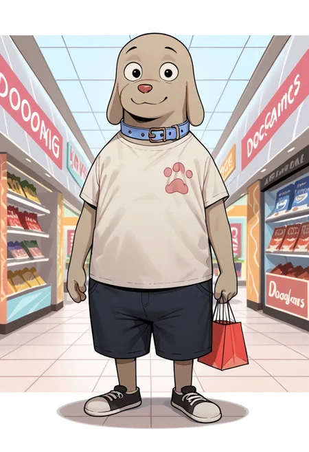 score_4_up, score_5_up, score_6_up, score_7_up, score_8_up, score_9, DogVaron, 1boy, solo, dog, beige fur, round eyes, small eyebrowns, pink nose, blue collar, wide hips, looking at viewer, front view, full body, standing, shopping mall, smile, shorts