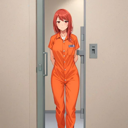 MAXSEC_STYLE_CELL, (1girl standing behind door), ((behind cell_door_v1)), cell_exterior_shot, cell_door_v1