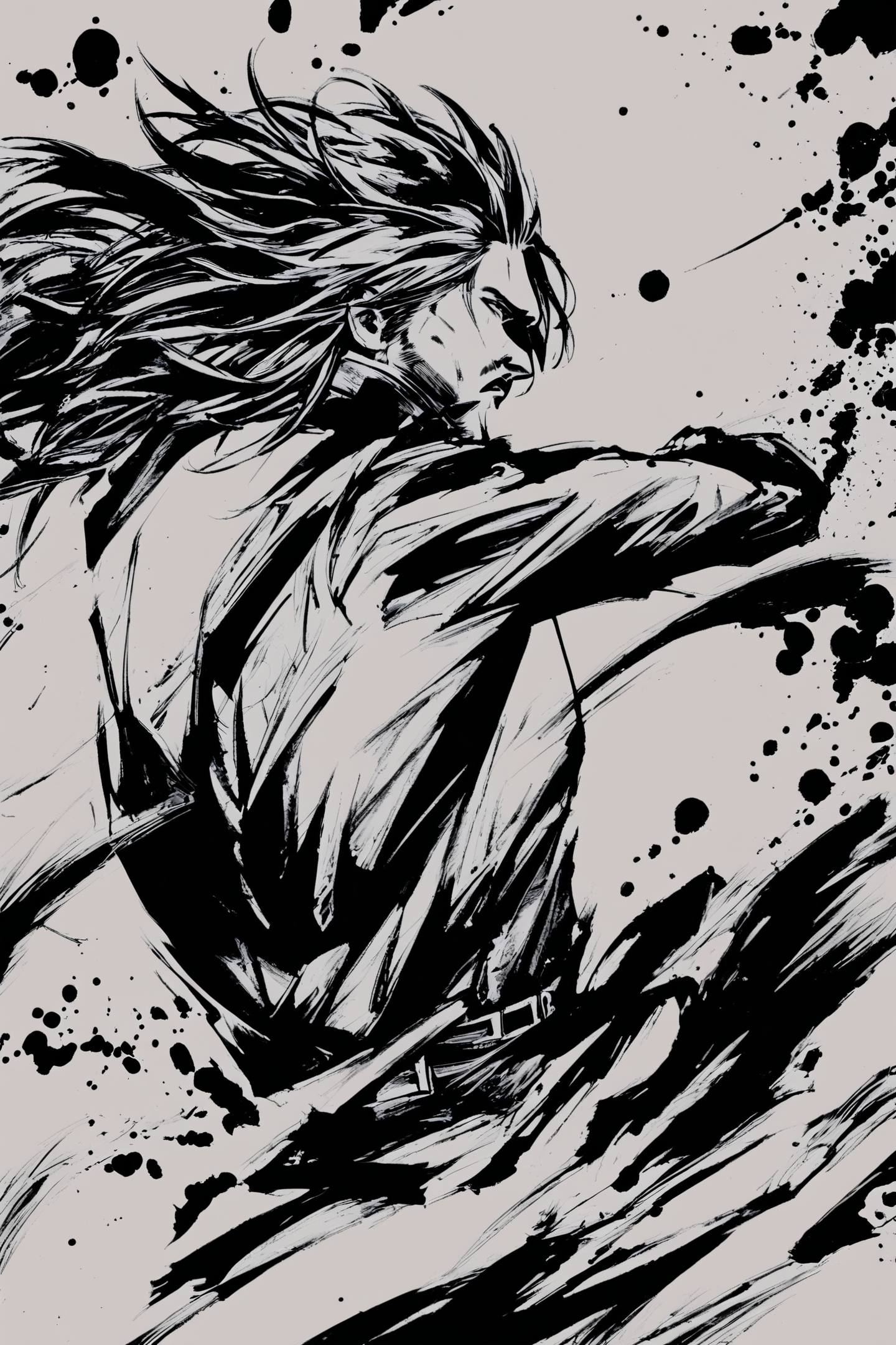 score_9,score_8_up,score_7_up,masterpiece,best quality,
ink \(medium\),solo,male focus,1boy,monochrome,greyscale,long sleeves,fighting stance,long hair,
<lora:okazu_XL_PONY:1>,