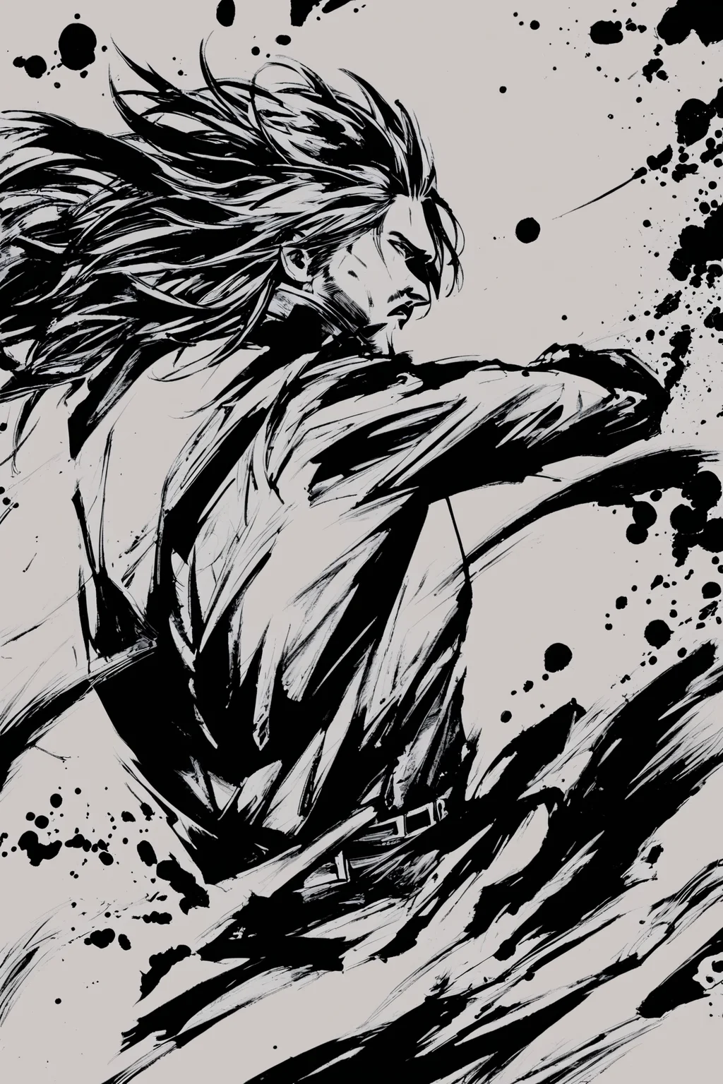 score_9,score_8_up,score_7_up,masterpiece,best quality,
ink \(medium\),solo,male focus,1boy,monochrome,greyscale,long sleeves,fighting stance,long hair,
<lora:okazu_XL_PONY:1>,