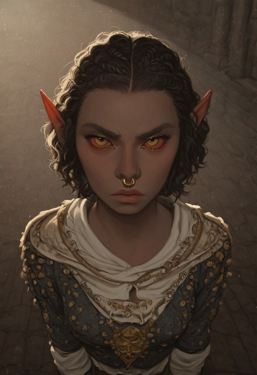 solo, short pointy ears, piercings, random elf face, aquiline features, female dark elf, brow rings, nose rings, beaded piercings, weathered skin, large nose, insect chitin armor, insect chitin helmet, insect chitin ornaments, stylized insect pattern, athletic build,  animated realism, zoomed out, Syrian features, torso, brass pipes and gears, intricate architecture, dwarven masonry, dwemer fixtures, white-green light, gloomy lighting, ancient ruins, interior, stone tiled floor, grey-blue skin, mahogany and ivory clothes, medium armor, bone plate armor, ivory straps and fittings, alien bone ornaments, grey wood neckguard, red sclera, black pupils, blue-green light, neon, highly detailed, defined features, looking at viewer, three quarters view, from above, dynamic lighting, 19 years old, light and shadows, patterned cloth, annoyed expression, expressive eyes, detailed medieval clothes, medium_breasts, short hair, wavy hair, thick hair, beaded hair, braided hair, under cut hair, semirealistic, alien elf, spanish features, jewish features, white grey hair, dark red hair, umber skin, sharp features, pastel green inuit print cloak, nighttime, high detail, absurdres, pretty eyes, detailed eyes, yellow eyes,