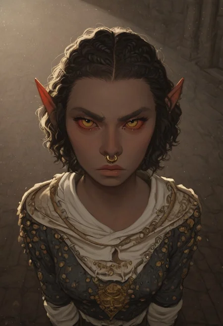 solo, short pointy ears, piercings, random elf face, aquiline features, female dark elf, brow rings, nose rings, beaded piercings, weathered skin, large nose, insect chitin armor, insect chitin helmet, insect chitin ornaments, stylized insect pattern, athletic build, animated realism, zoomed out, Syrian features, torso, brass pipes and gears, intricate architecture, dwarven masonry, dwemer fixtures, white-green light, gloomy lighting, ancient ruins, interior, stone tiled floor, grey-blue skin, mahogany and ivory clothes, medium armor, bone plate armor, ivory straps and fittings, alien bone ornaments, grey wood neckguard, red sclera, black pupils, blue-green light, neon, highly detailed, defined features, looking at viewer, three quarters view, from above, dynamic lighting, 19 years old, light and shadows, patterned cloth, annoyed expression, expressive eyes, detailed medieval clothes, medium_breasts, short hair, wavy hair, thick hair, beaded hair, braided hair, under cut hair, semirealistic, alien elf, spanish features, jewish features, white grey hair, dark red hair, umber skin, sharp features, pastel green inuit print cloak, nighttime, high detail, absurdres, pretty eyes, detailed eyes, yellow eyes,