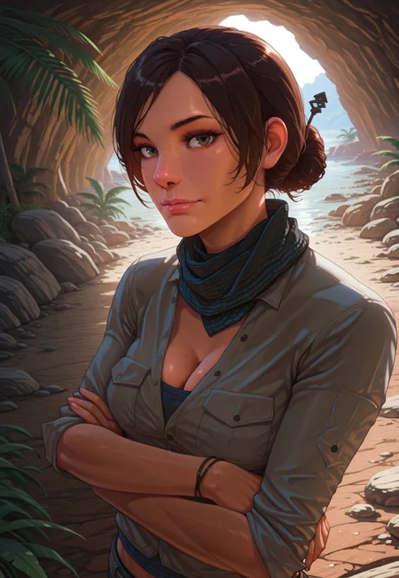 safe_pos, masterpiece, best quality, BREAK, dynamic angle, 1girl, lizasnowfc3, solo, brown hair, hair bun, hair ornament, blue eyes, scarf, shirt, undershirt, cleavage, arms crossed, bracelet, smile, cute, cave, tropical, cinematic lighting, detailed scenery, looking at viewer