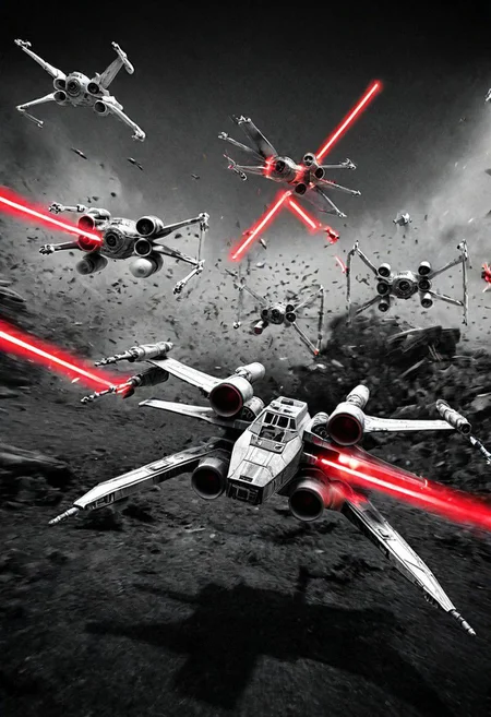 epic battle scene in star wars, x wing fighters battle tie fighters, lots of lazer shots, (Black and white image, Red Accent), (Black and white image, Blue Accent), Painstaking Attention To Details