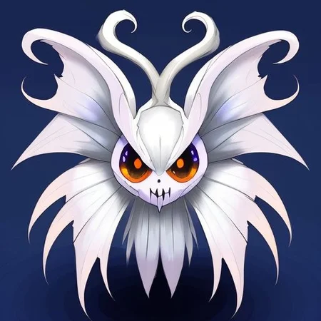 (samdoesarts style:1.3) a vicious cinnamon (ghost:1.2) butterfly Pokemon with white hair, glowing eyes, Medieval or fantasy, highly detailed, intricate