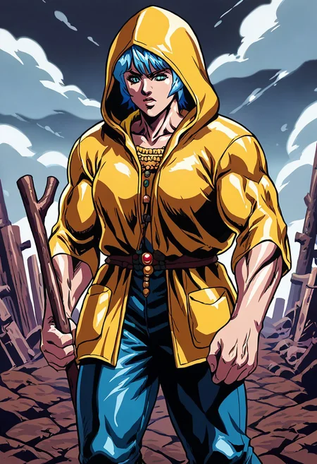 score_9, score_8_up, score_7_up, 1girl,  source_animemale focus, muscular, upper body, solo, northstar,  Luce, blue short hairs, yellow raincoat, extremely muscular, wooden staff in hand, apocalyptic background,