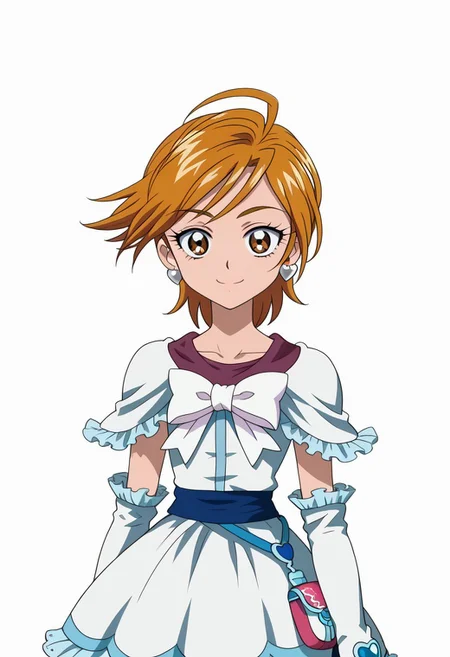 score_7, high_resolution, hyper_detail, finely_detailed,anime_screencap, traditional_media,detailed face,futari wa precure, cure black /(white cosplay/), 1girl, solo, jewelry, earrings, smile, white background, short hair, heart earrings, looking at viewer, heart, skirt, simple background, brown eyes, detached sleeves, brown hair, collarbone, bow, standing, magical girl, cowboy shot, shiny hair, capelet, white skirt, shiny, eyelashes, fingerless gloves, miniskirt, closed mouth, white bow, orange hair