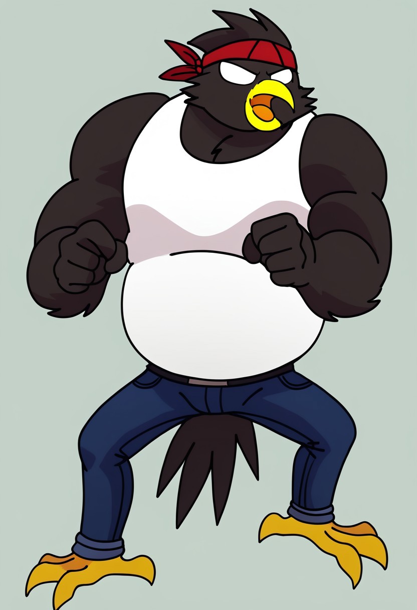 male, solo, white eyes, tongue, yellow beak, orange feet with claws, no pupils, Anthropomorphic bird, White Tank Top, Red Bandana on Head, Blue Tight Pants, fat, 4k, masterpiece, best quality, highly detailed, simple background, white background, full body, satanding, fighting pose