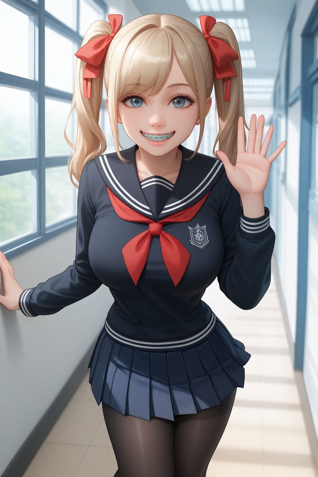 score_9, score_8_up, score_7_up, rating_explicit, medium shot, POV, looking up, 
BREAK
1girl, hair ribbons, twintails, student, black serafuku, red pleated skirt, black pantyhose, thick, curvy, large breasts, school hallway, smiling,  braces, happy expression, waving, window,  <lora:BracesPonyConcept:0.6>