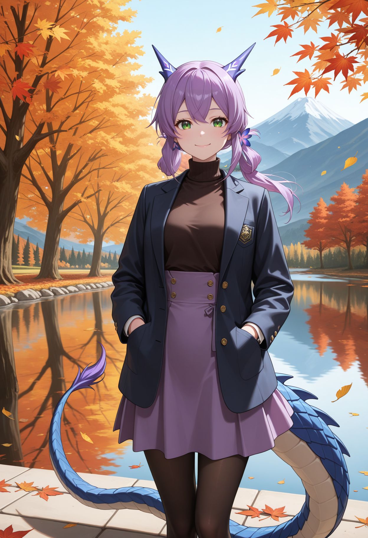 masterpiece,best quality,absurdres,highres,very aesthetic,high quality,detailed,insanely detailed,beautiful,
, <lora:Flatorte illu:0.9> 1girl, purple hair, long hair, green eyes, hair ornament, dragon girl, dragon tail,
blazer, turtleneck, high-waist skirt, pantyhose, hands in pocket, outdoors, autumn, lake, tree, mountain, falling leaves, wind, standing, smile, looking the viewer
