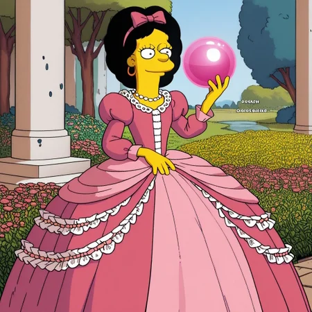 score_9, score_8_up, score_7_up, score_6_up, score_5_up, score_4_up, garden, castle garden, g1na v3ndetti, multicolored hair, black hair, pink hair, two-tone hair, solo, 1 girl, simpsons, pink hairband with bow, huge pink rococo princess ball gown hoop skirt, huge pannier skirt, ball gown hoop skirt, pink princess dress, hoopdress, my big princess gypsy wedding dress, ballgown, Ba11g0wn, puffy sleeves, long sleeves, a girl in a dress posing for a picture, looking at viewer and smiling, holding a magical orb in hand,