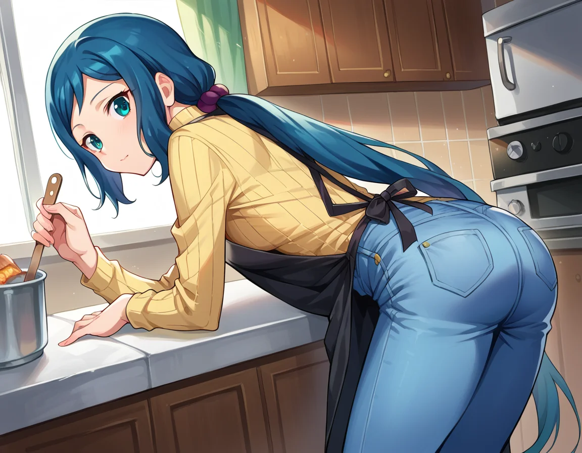 score_9, score_8_up, score_7_up, source_anime,
ioririnko, <lora:iori-rinko-ponyxl-lora-nochekaiser:1>,
iori rinko, blue hair, blue eyes, sidelocks,
apron, denim, jeans, long hair, pants, ponytail, ribbed sweater, sweater, turtleneck, very long hair,
indoors, kitchen, bent over,
looking at viewer, dutch angle, cowboy shot,