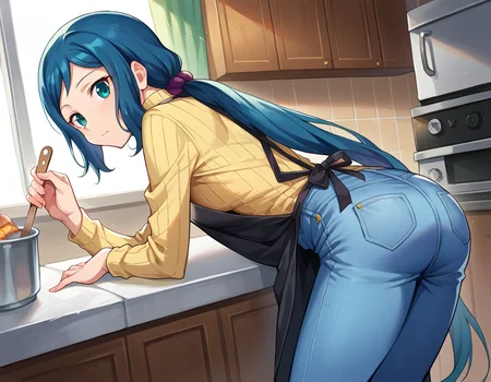 score_9, score_8_up, score_7_up, source_anime,
ioririnko, <lora:iori-rinko-ponyxl-lora-nochekaiser:1>,
iori rinko, blue hair, blue eyes, sidelocks,
apron, denim, jeans, long hair, pants, ponytail, ribbed sweater, sweater, turtleneck, very long hair,
indoors, kitchen, bent over,
looking at viewer, dutch angle, cowboy shot,