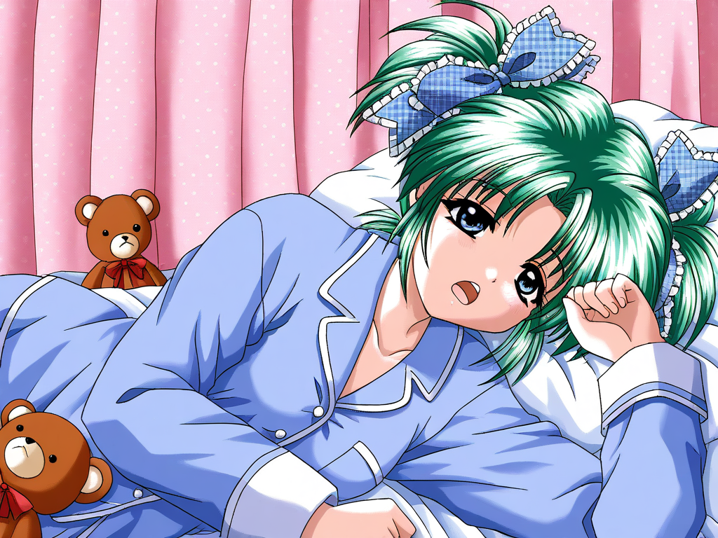 general,highres, ultra-detailed,very aesthetic,best quality ,best hands, BREAK <lora:Minase_Ruka_Akumu_AoiKajitsunoSange_IS:1>
Minase_Ruka, 1girl, solo, green hair, short twintails, blue eyes, hair ribbon, blue plaid ribbon, 
sleeping,
blue pajamas, long sleeves, pajamas, teddy bear, on bed, shirt, hand up, curtains, polka dot,
Yawn,