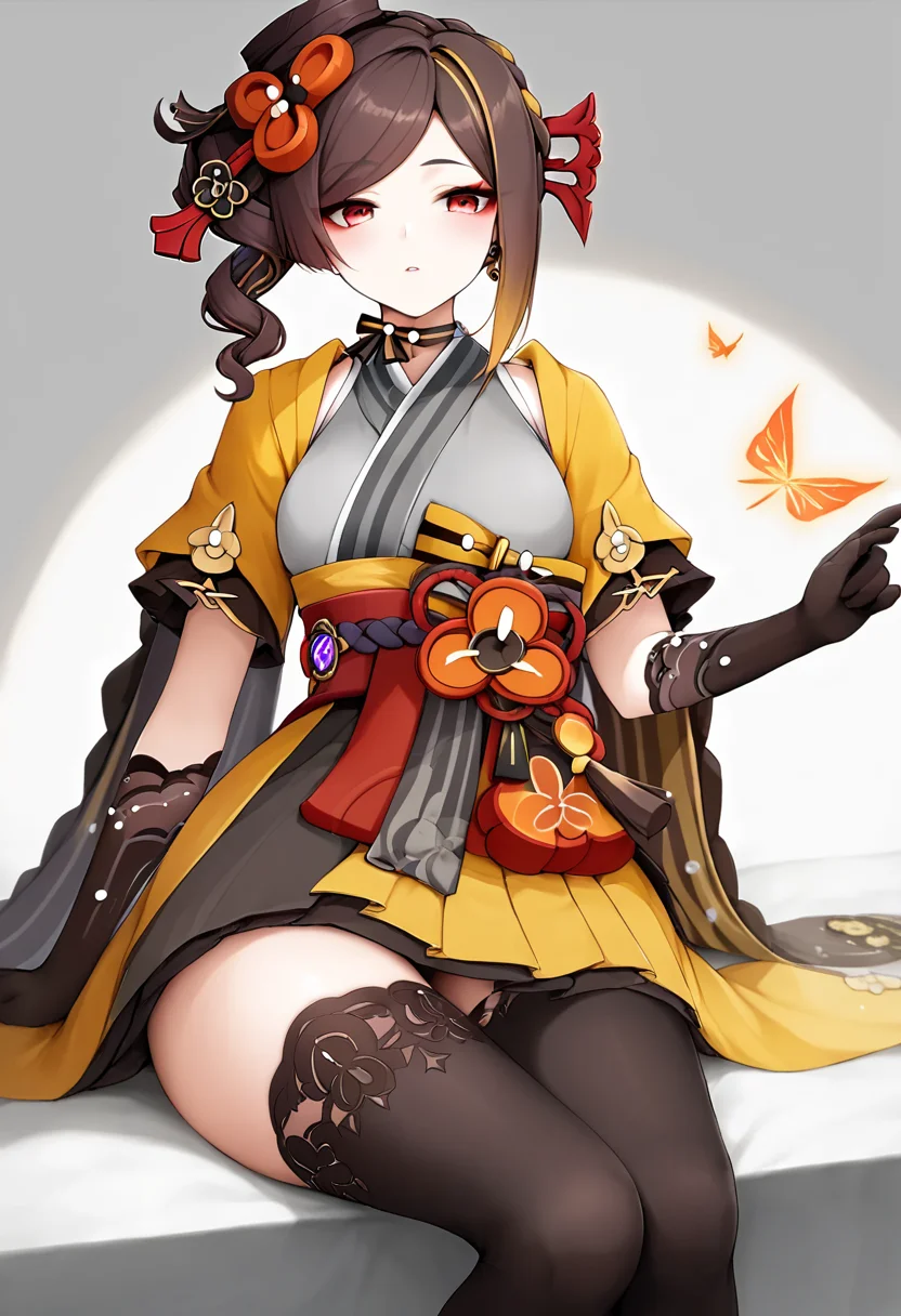 score_9,score_8_up,score_7_up,<lora:genshin_pony_v2:1>,1girl, solo, sitting, blush, thighs, highres, chiori_\(genshin_impact\), hair_stick, elbow_gloves, yuki_usagi_\(snowcanvas\), lace_trim, parted_lips, black_thighhighs, white_background, ribbon_choker, ear_piercing, wide_sleeves, black_pantyhose, black_gloves, looking_at_viewer