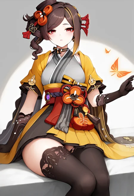 score_9,score_8_up,score_7_up,<lora:genshin_pony_v2:1>,1girl, solo, sitting, blush, thighs, highres, chiori_\(genshin_impact\), hair_stick, elbow_gloves, yuki_usagi_\(snowcanvas\), lace_trim, parted_lips, black_thighhighs, white_background, ribbon_choker, ear_piercing, wide_sleeves, black_pantyhose, black_gloves, looking_at_viewer