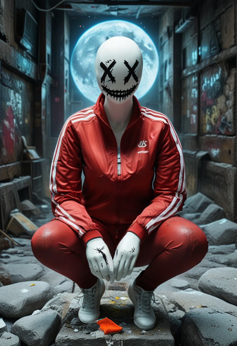 score_9, score_8_up, score_7_up, hyper details, masterpiece, high quality v3, (ultra-HD details),  blgStyle
XDDFace White faceless mannequin with x-eyes and sewn smile wearing red tracksuit with white stripes, resembling a sports jacket and mahogany  color sport leggings, sitting on a rock in a post apocalyptic ruined street, art fluorescent spraypaint graffity alley city at night, moon great lighting with fluorescent dust, dvr-lnds-sdxl, debris,