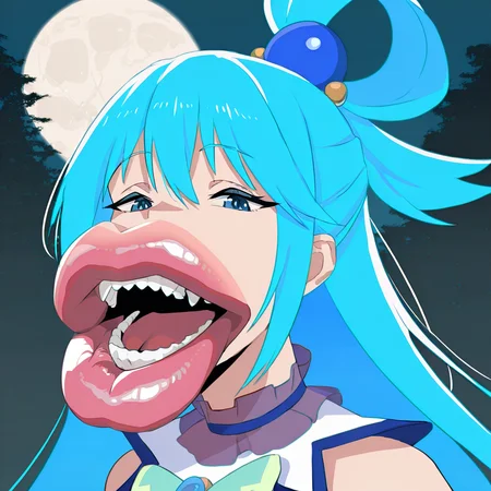 highres, best quality, masterpiece, very aesthetic, newest, <lora:HyperIllusrtrious2:1>,hyper lips,1girl,solo,aqua_(konosuba),blue hair,cropped,portrait,teeth,open mouth,dress,outdoors,forest,night,full moon