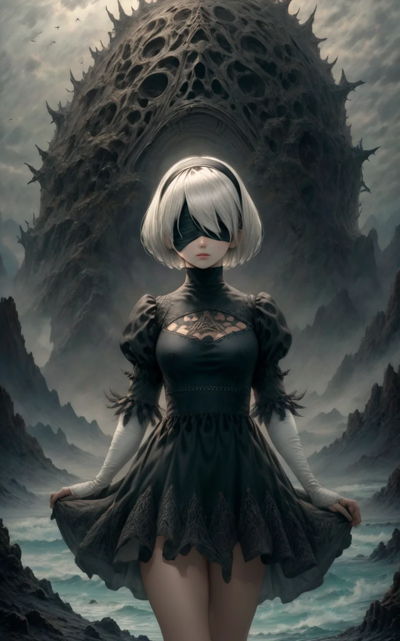 lovecraftian horror, <lora:type2B_XL_0_:1>,type2b,covered_nipples,black_blindfold,black_hairband,black_dress,cleavage_cutout,white_hair,yorha_no._2_type_b,
1girl,(22yo:1.2),Seven headed body,full body,the landscape of iceland,gallows,, eldritch, cosmic horror, unknown, mysterious, surreal, highly detailed