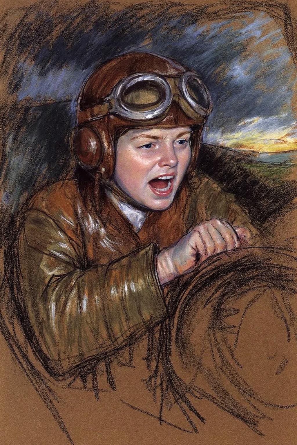 marycassatt2 drawing. A female pilot screaming inside the cockpit of a World War II bomber. The pilot, wearing a vintage leather flight helmet with goggles and a bomber jacket, grips the controls with white-knuckled hands. Her face is contorted in a mix of fear and determination as she yells, her eyes wide with adrenaline. The cockpit is cramped and filled with old-fashioned dials and gauges, with the outside view showing dark stormy clouds and distant anti-aircraft fire <lora:marycassatt2_cap_d6a3:1.0><lora:840708160206532600:0>