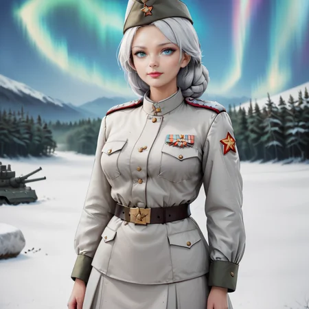 <lora:Pony Soviet Military uniform-000003:0.9>
core_9, score_8_up, score_7_up, score_6_up, score_5_up, score_4_up, BREAK 1girl, solo, best quality, high quality, highres, masterpiece, Soviet Military uniform, outdoors, battleship, aurora, polar bear, murmansk \(azur lane\),