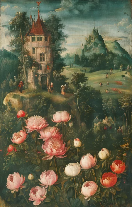 masterpiece,best quality,<lora:tbh283-sdxl:0.9>,illustration,style of Lucas Cranach the Elder decaying peonies