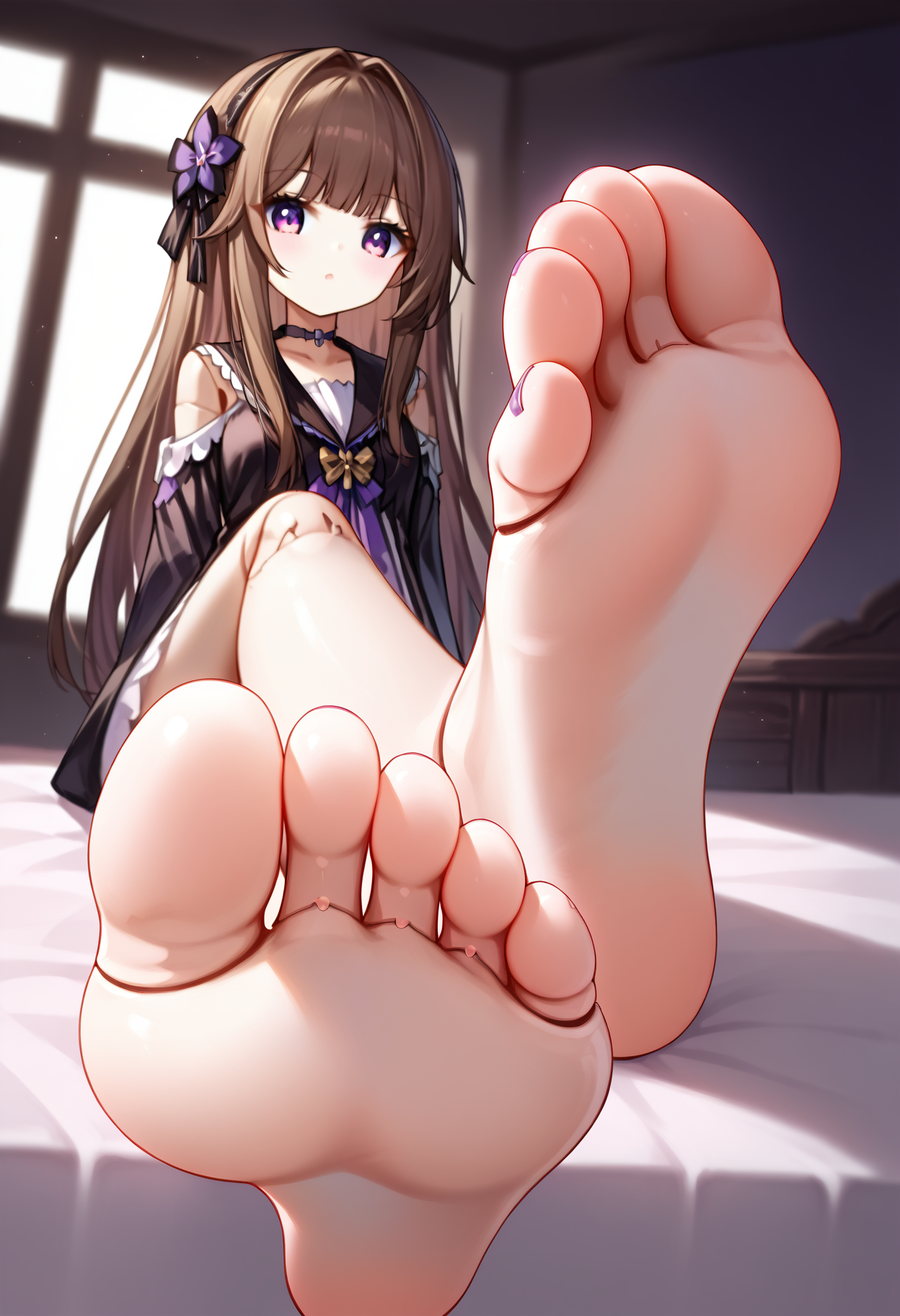 score_9, score_8_up, score_7_up,source_anime,rating_explicit,uncensored,anatomically correct,best perspective BREAK
1girl,  <lora:bestfootposition:1> bestfootpose, barefoot, toes, on bed, 
 <lora:hsrherta:1> hsrherta,doll joints,purple eyes, brown hair,