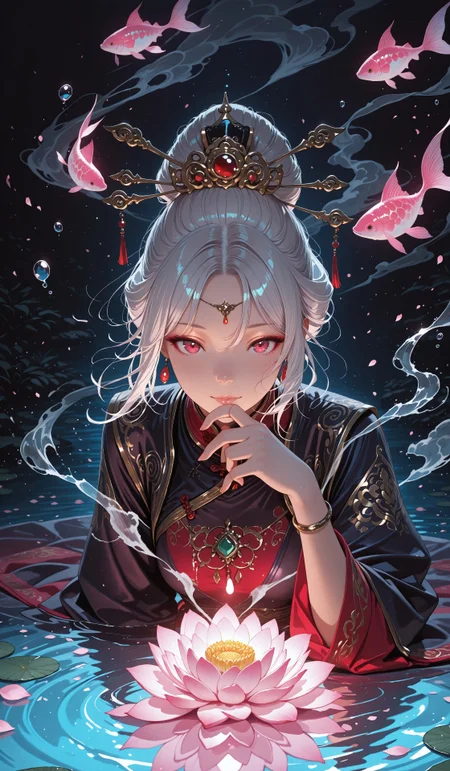 masterpiece, best quality, very aesthetic, absurdres, stylized, newest, depth of field, HDR, high contrast, sharp focus, 8k resolution, digital art, anime style, vibrant colors, photorealistic, smooth gradients, fantasy art style, cinematic lighting, mystical aura, art nouveau inspired, (soft lighting:1.2), (lighting from above:1.2), (scenery), (detailed background design), Anime girl, 1girl, solo (ethnicity:1.2), (detailed clothing:1.2), (accessories:1.1), (facial features:1.3), (expression:1.2),  (body type:1.1), (pose:1.2),  wearing ornate traditional Chinese attire, dark navy blue and crimson red, with intricate gold embroidery, (detailed hair:1.2),  with silver-white hair styled in elaborate updo, (jewelry:1.1) adorned with jewels and gems,  finger on lips in a contemplative pose, centered in the image, looking at viewer, seated, with serene expression, in front of a pond, a blooming lotus flower (detailed petals:1.1) in soft pastel pink and white, (water reflections:1.1), dark background with floating fish,  (water surface:1.2), beautiful digital painting, fantasy style, vibrant colors,  (lighting:1.2), soft lighting, photorealistic style,  (atmospheric details:1.2), subtle smoke and mist, high detail, 8k resolution.