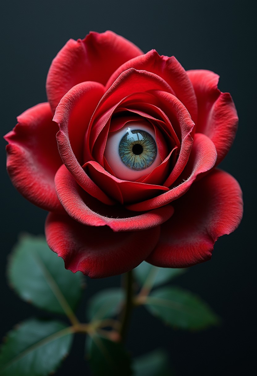 Extremely detailed photograph of a rose made of trypophobic human eyes. Horrific and intriguing.