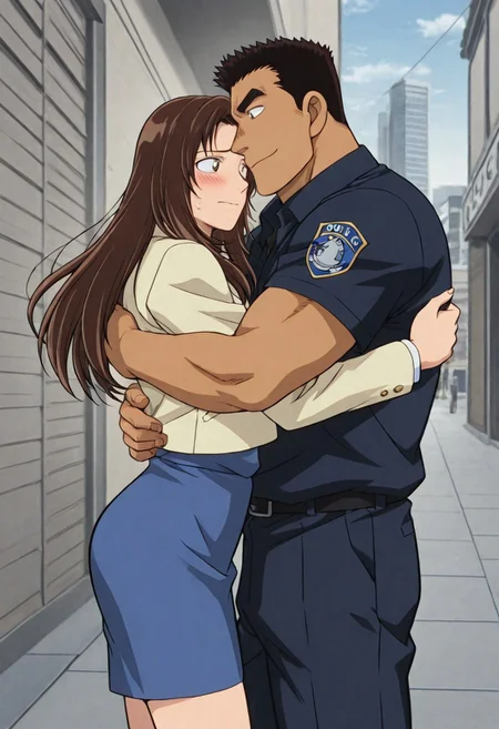Anime, quality,high quality,masterpiece,extremely detailed,correct anatomy,best aesthetic, detailed face, (EyesHD), (duo), outdoor, city street, (1man, man taller male, man large pectorals, man slender body, man crew cut, solid pupils:1.5, man black short hair, Date Wataru, man dark navy police uniform, man dark navy police shirt, dark navy pants, man soft smile face, man hugging, man tanned skin, man looking at girl), BREAK, (1girl, nastumi01, girl long hair, girl brown hair, girl light yellow jacket, girl blue pencil skirt, girl blue dress, girl blush, girl shy face, girl pretty face, girl slender body)