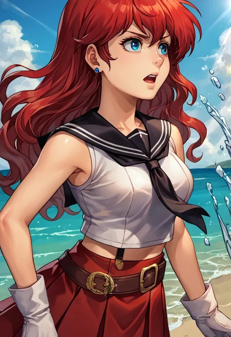 score_9, score_8_up, score_7_up, source_anime,
, (best quality) , (highly detailed) ,masterpiece ,absurdres ,detailed face ,beautiful face ,
<lora:pony_xl_Hildegard:0.8>,Hildegard,score_9,score_8_up,1girl,female,kawaii,solo,Long hair,earrings Red hair, wavy hair,
hair scrunchie, black sailor collar, white shirt, sleeveless, black necktie, midriff, white gloves, belt, armor, red skirt, pleated skirt, miniskirt, single thighhigh, asymmetrical legwear, garter straps, serious, reaching towards viewer, dutch angle, open mouth, floating hair, wading, light particles, light rays, ocean, splashing, wind, explosion, blue sky, cloud, sunlight, lens flare
best quality, masterpiece, very aesthetic, ,,(portrait, upper body),
OverallDetail