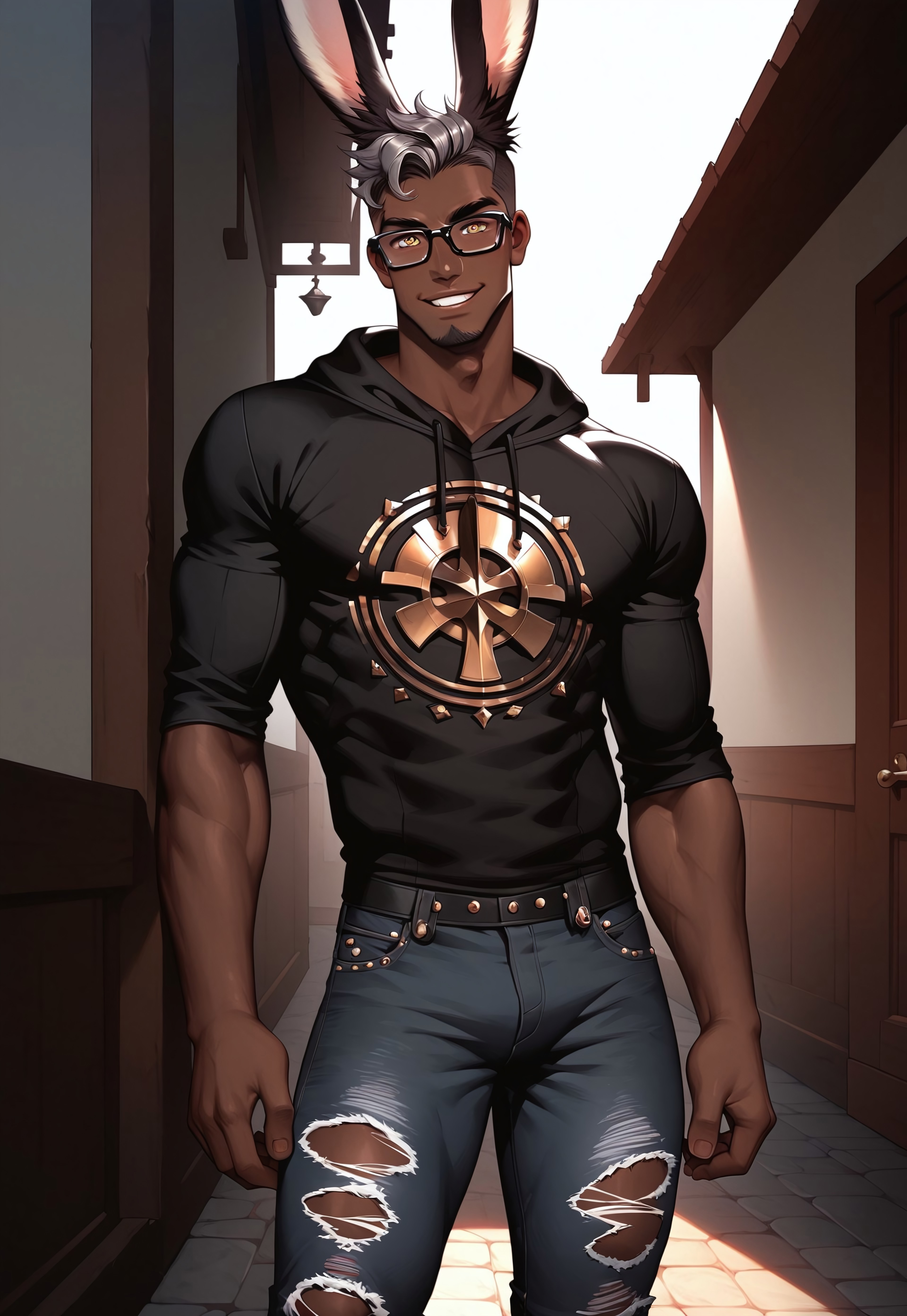 safe_pos, score_9, score_8_up, score_8_up, 1boy, solo man, male, handsome man, punk aesthetic, viera, bunny boy, good looking, ((dark skinned man)), toned muscles, tall, ((black ripped jeans)), ((black and gold hoodie)), hiking boots, smirking, ((dark rimmed glasses)), high res image, grey hair, medium length hair, ((large expressive golden eyes)), masterpiece, dark eyeliner, ((bunny ears)), ((viera ears)), high contrast shadows, dark pupils, sexy man, house, porch, standing, fantasy home, home