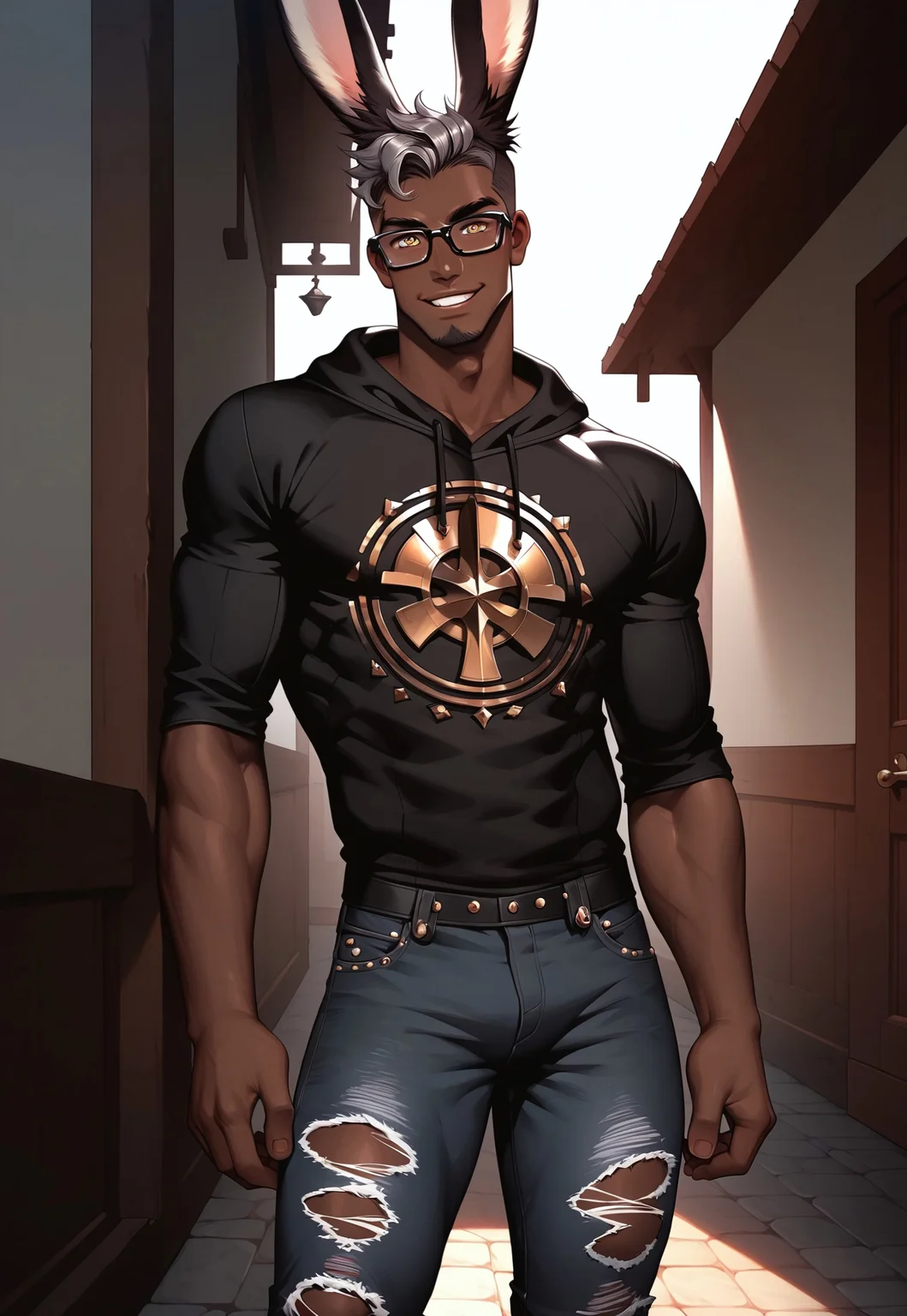 safe_pos, score_9, score_8_up, score_8_up, 1boy, solo man, male, handsome man, punk aesthetic, viera, bunny boy, good looking, ((dark skinned man)), toned muscles, tall, ((black ripped jeans)), ((black and gold hoodie)), hiking boots, smirking, ((dark rimmed glasses)), high res image, grey hair, medium length hair, ((large expressive golden eyes)), masterpiece, dark eyeliner, ((bunny ears)), ((viera ears)), high contrast shadows, dark pupils, sexy man, house, porch, standing, fantasy home, home
