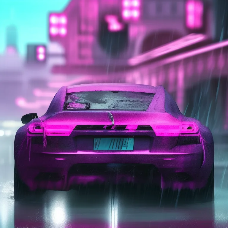 a photo of a car driving down a wet road at night with a city in the background and a pink light on the side, art by carstestv3