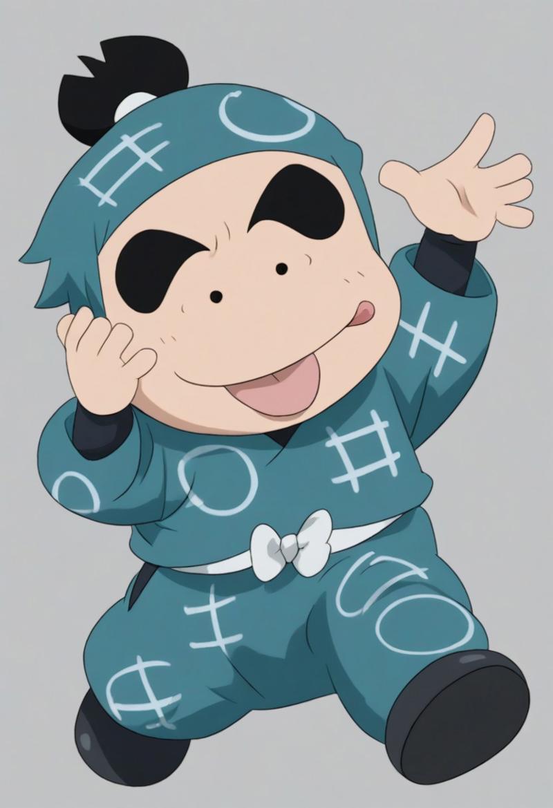 male focus, 1boy, solo, black eyes, japanese clothes, parody, topknot, thick eyebrows, ninja, black hair, long sleeves, chibi, black footwear, hood, full body, tongue out, silly face, simple background, high quality