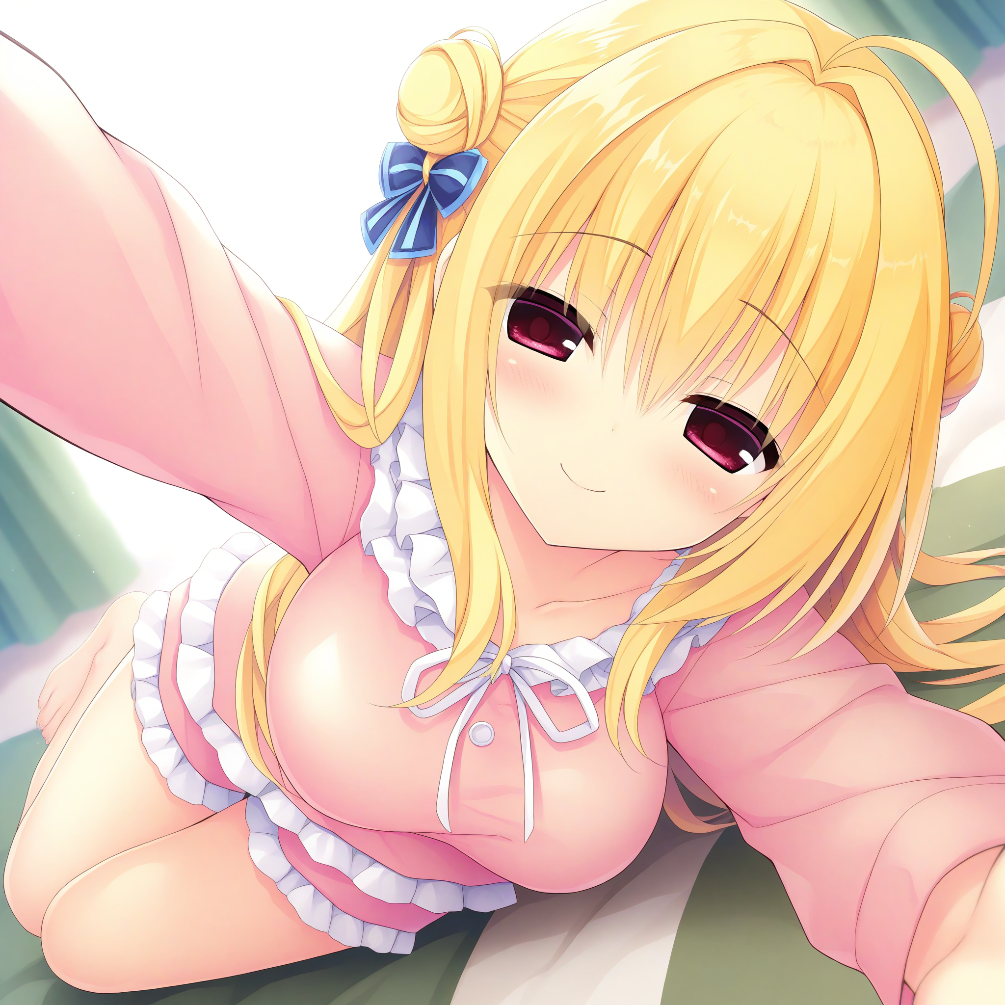 <lora:Izumi_Hiyori_1_nai-000029:1>,Izumi Hiyori,hair bun,hair bow,braid,
pajamas,barefoot,long sleeves,collarbone,pink shorts,frills,short shorts,frilled shorts,dress,shirt,
1girl,solo,looking at viewer,on side,on bed,smile,day,half-closed eyes,reaching towards viewer,outstretched arms,front view,face_focus,
